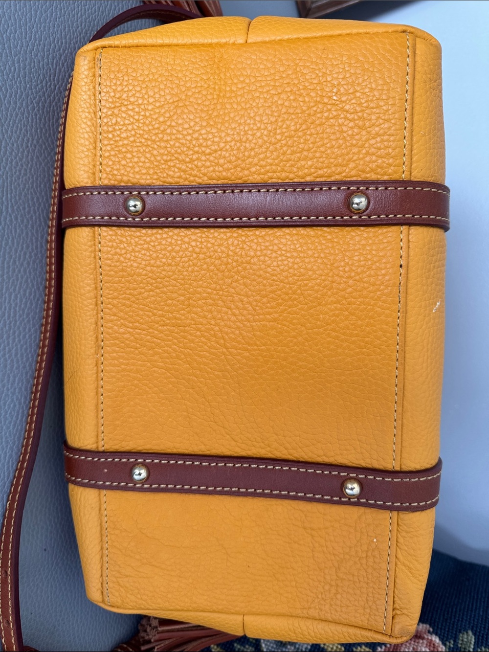 DOONEY & BOURKE CANARY YELLOW & BROWN TRIM PEBBLED LEATHER SATCHEL & COIN POUCH - Picture 12 of 16